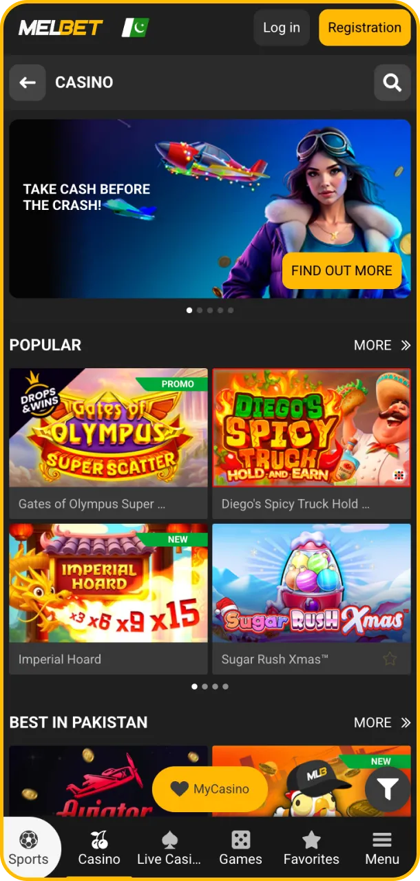 Explore casino entertainment inside Melbet app.