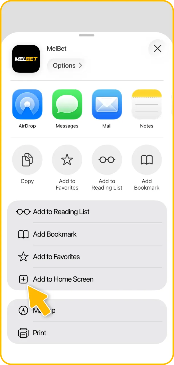 Add to home screen and open Melbet.