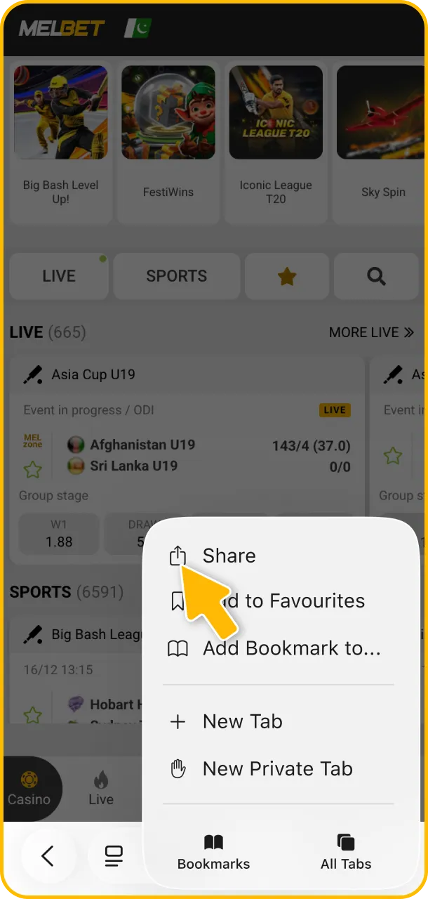 Use Safari tools to access Melbet app.