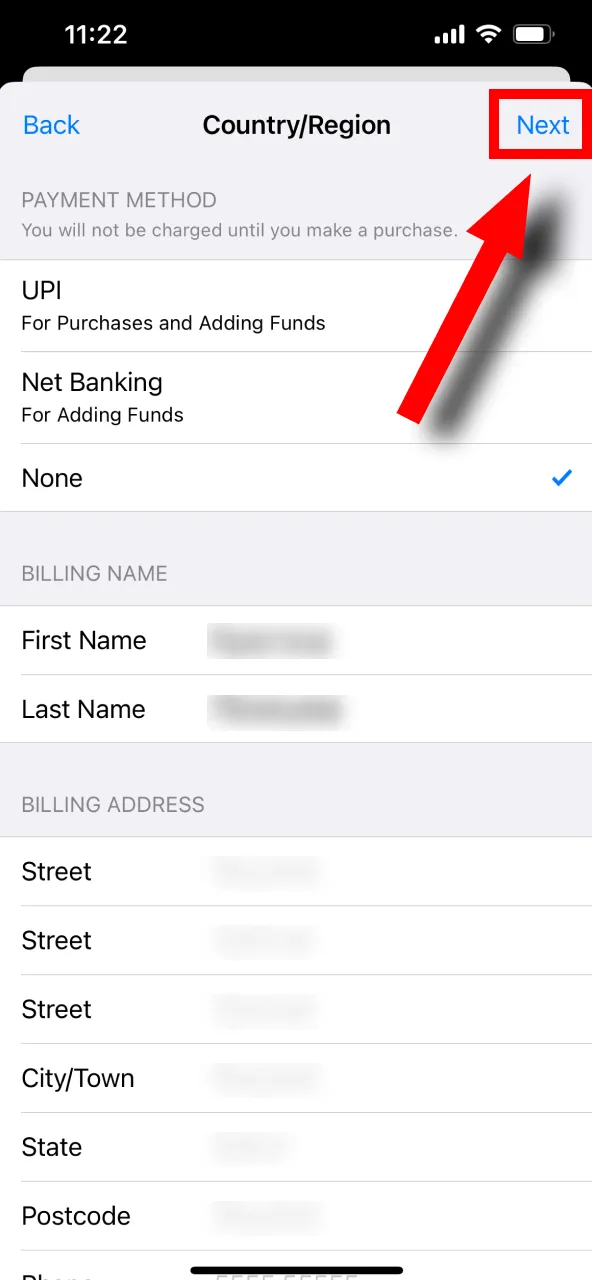 اوپری دائیں کونے میں 'Next' بٹن پر ٹیپ کر کے تفصیلات محفوظ کریں۔