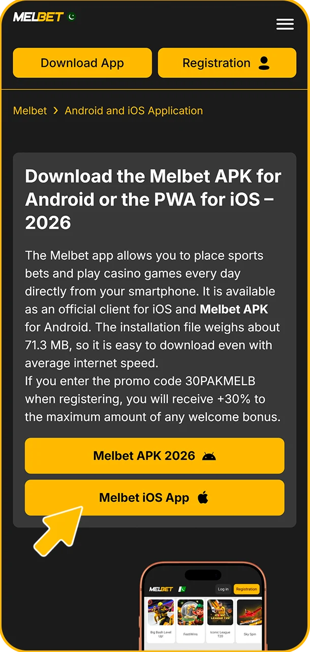 Start iOS setup and enter Melbet world.