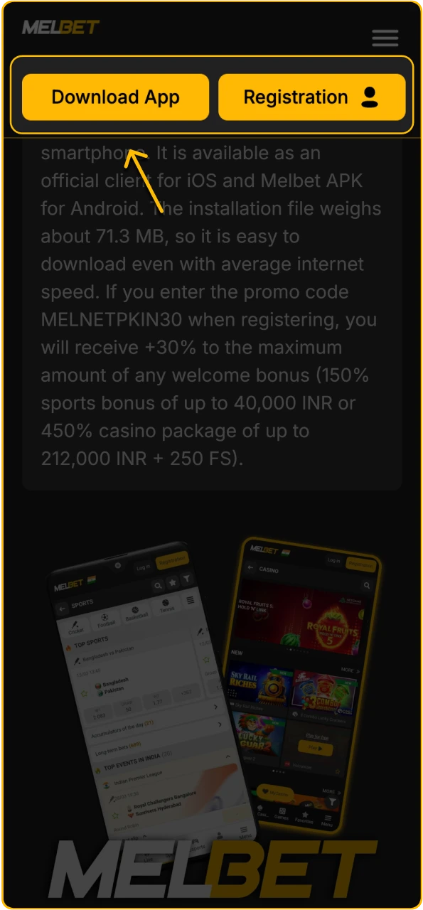 Click the mobile app icon on the Melbet website using your Safari browser.