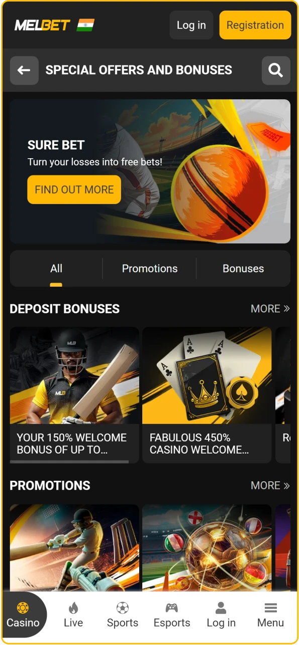 Melbet India promotions page featuring the welcome bonus and loyalty rewards for players.