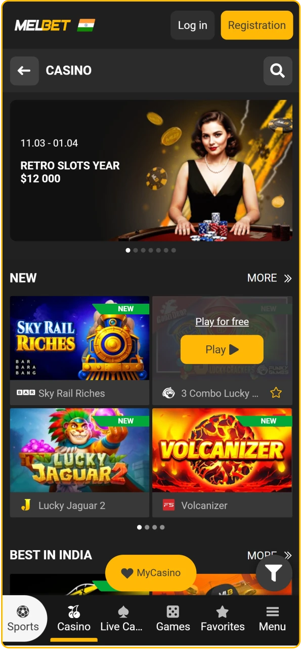 Melbet India online casino lobby showcasing popular slots, Teen Patti, and live dealer tables.