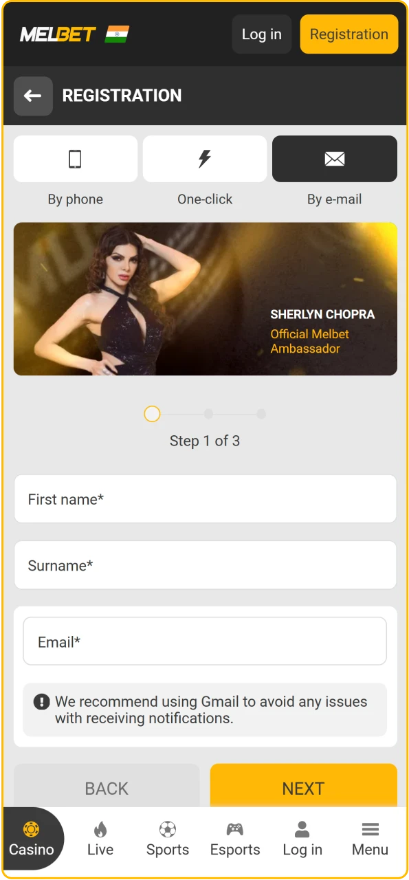 Melbet India registration form with options for one-click, phone, or email sign-up.