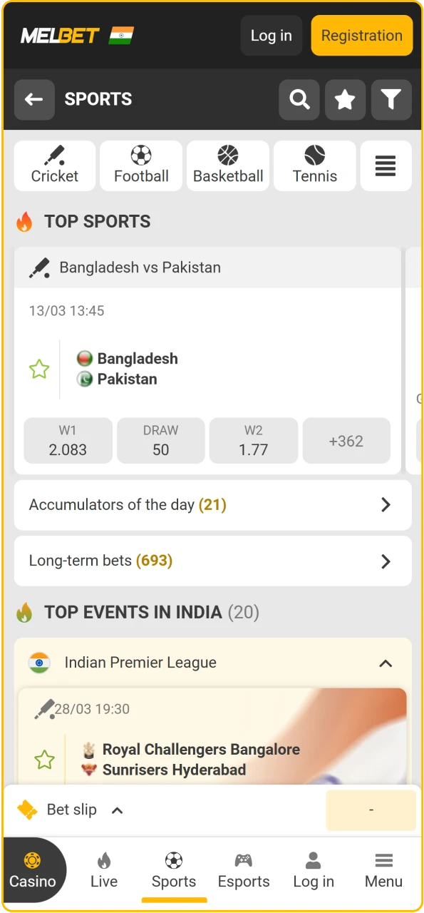 Melbet India sports betting section with live odds for cricket, football, and kabaddi.