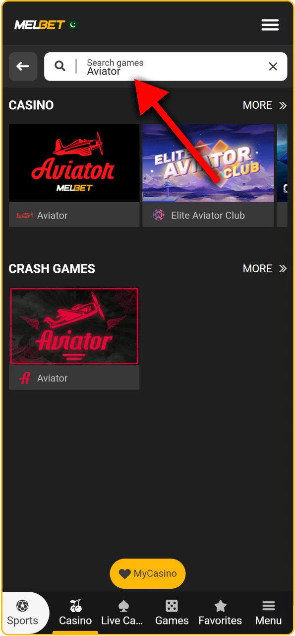 Use the search bar to locate the Melbet Aviator crash game.