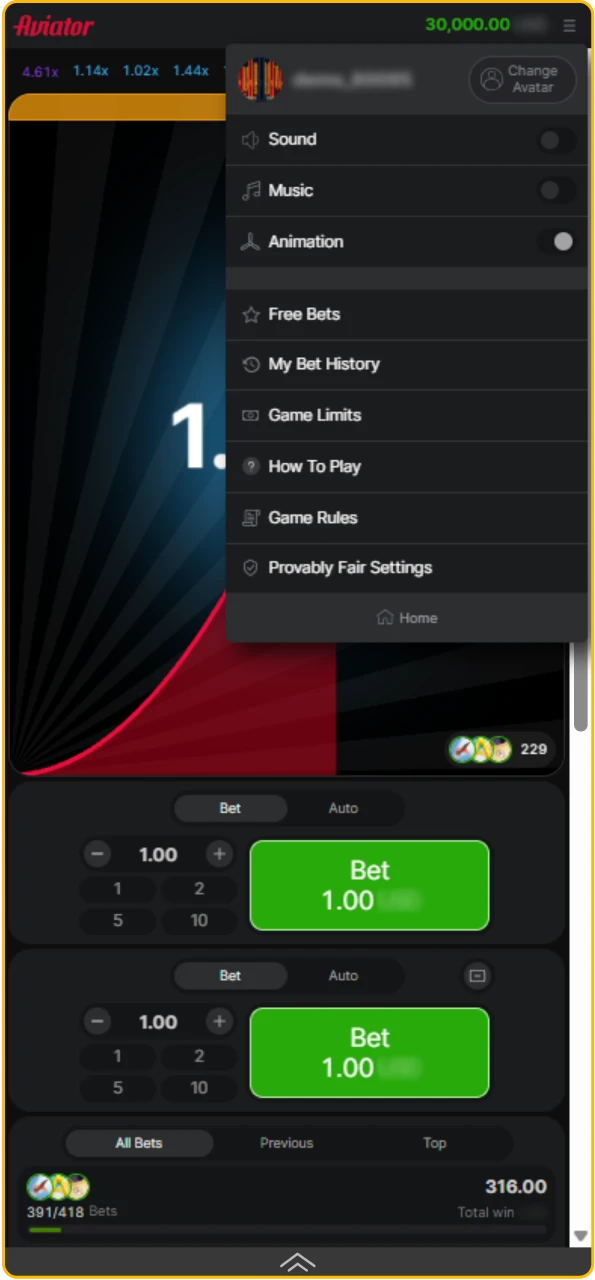 Check the user avatar menu settings for the Melbet Aviator game.