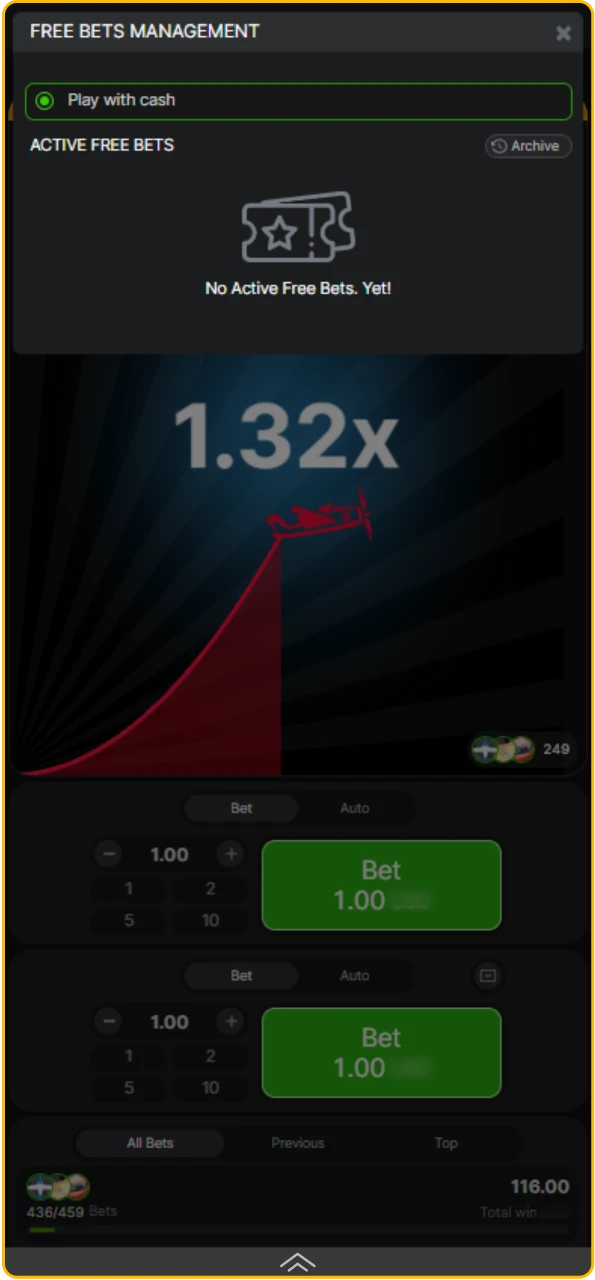 Manage your available bonuses and free bets within Melbet Aviator easily.