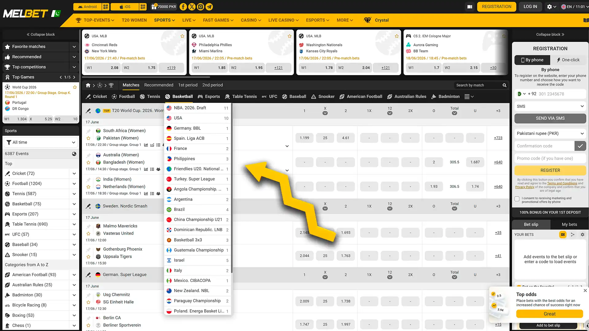 Select a basketball league on the Melbet website.