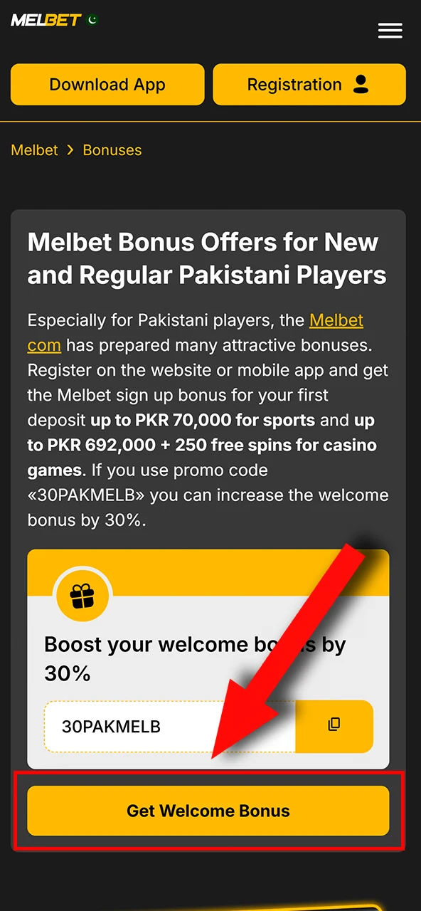 Go to the official Melbet site and select the 'Register' option to begin.