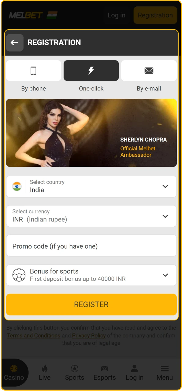 Fill out the sign-up form and verify your account to become eligible for Melbet offers.