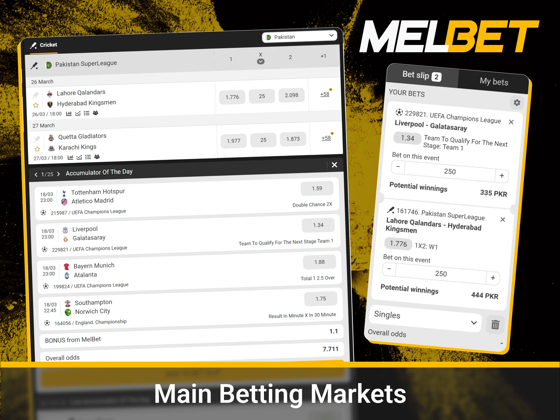 Variety of cricket bet types like match winner and top batsman.