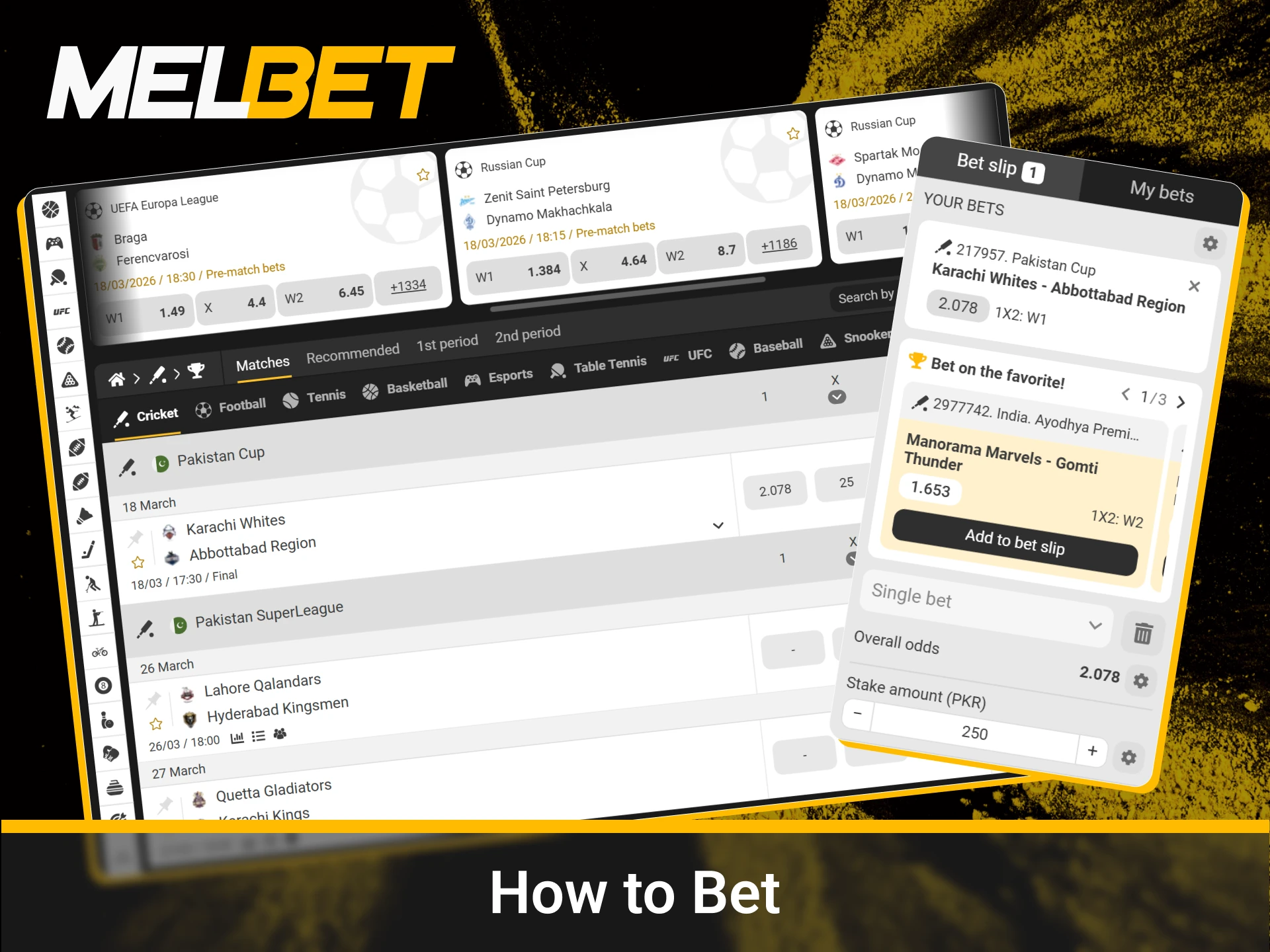Step by step guide to placing cricket bets on Melbet Pakistan.