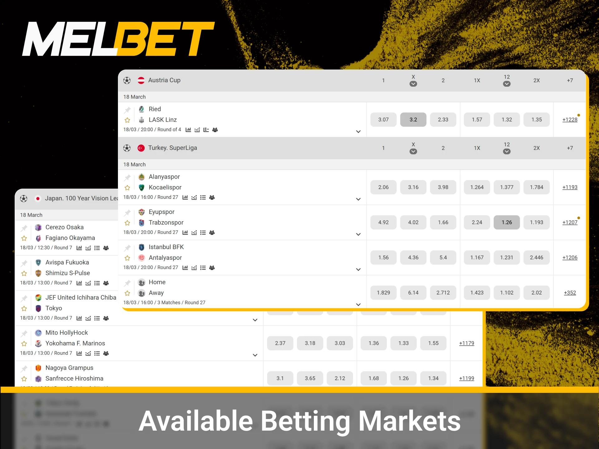 Diverse football bet types including match results and goal totals.