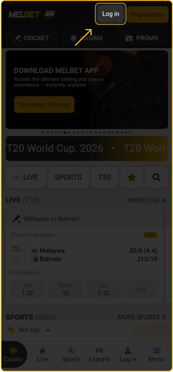 Locate and click the login button at the top of the Melbet India homepage.
