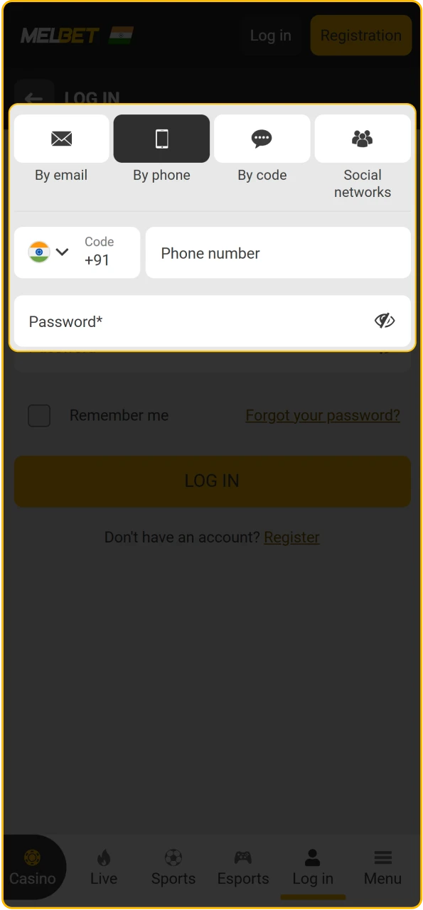 Enter your registered email or ID and password to access Melbet India.