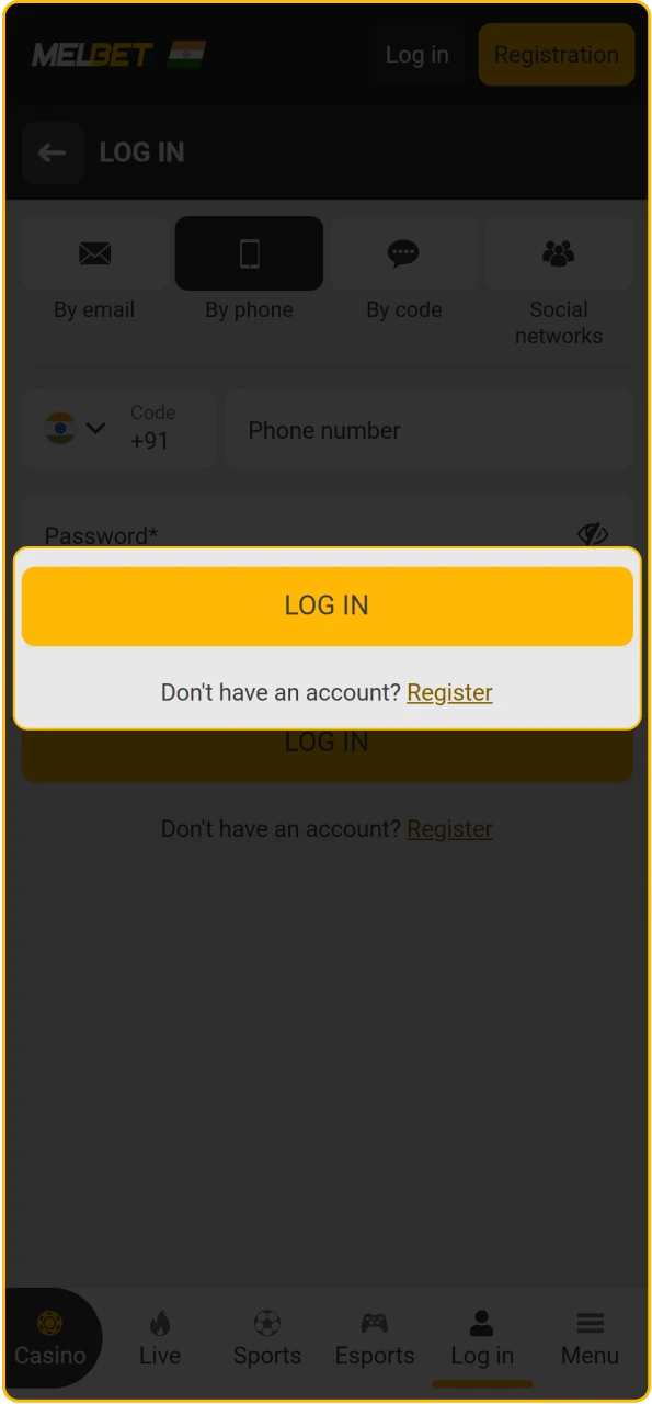 Successfully log in to manage your balance and start betting at Melbet India.