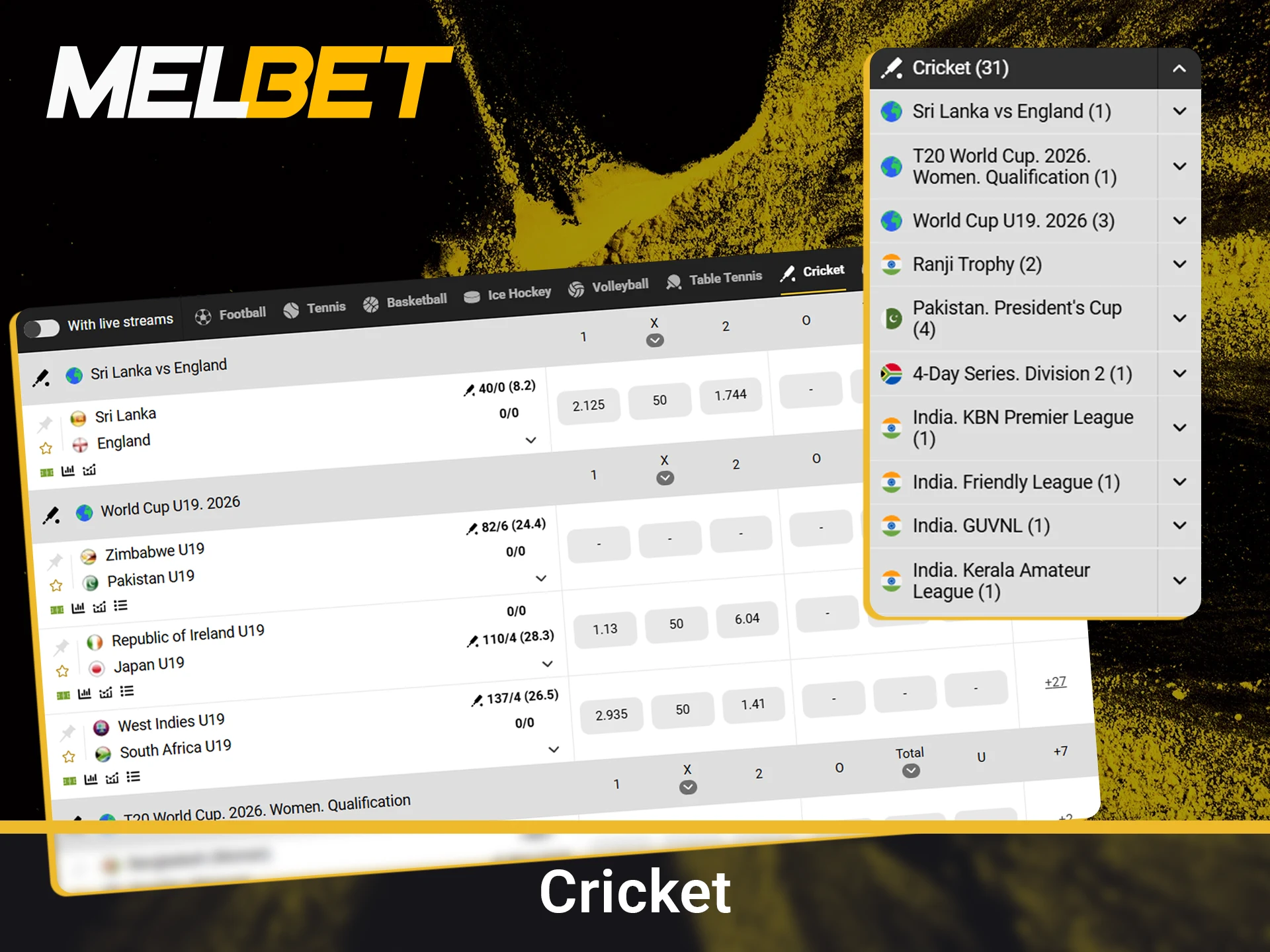 Enjoy competitive odds on domestic and international cricket tournaments.