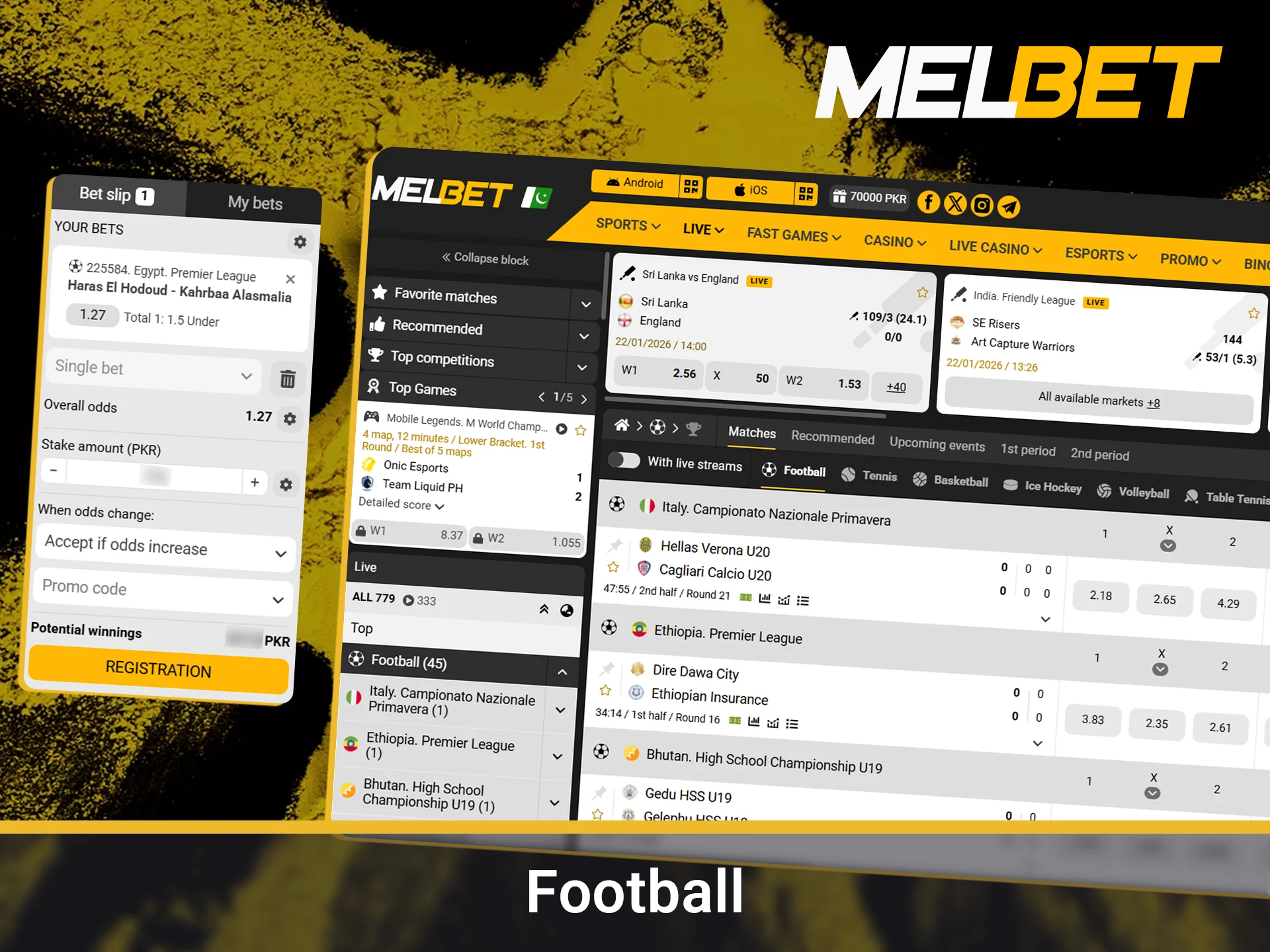 Bet on major football leagues and global championship matches.