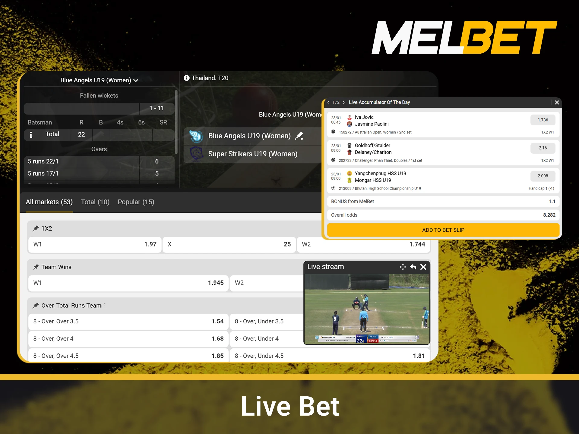 Submit your stakes during the match with real time odds.