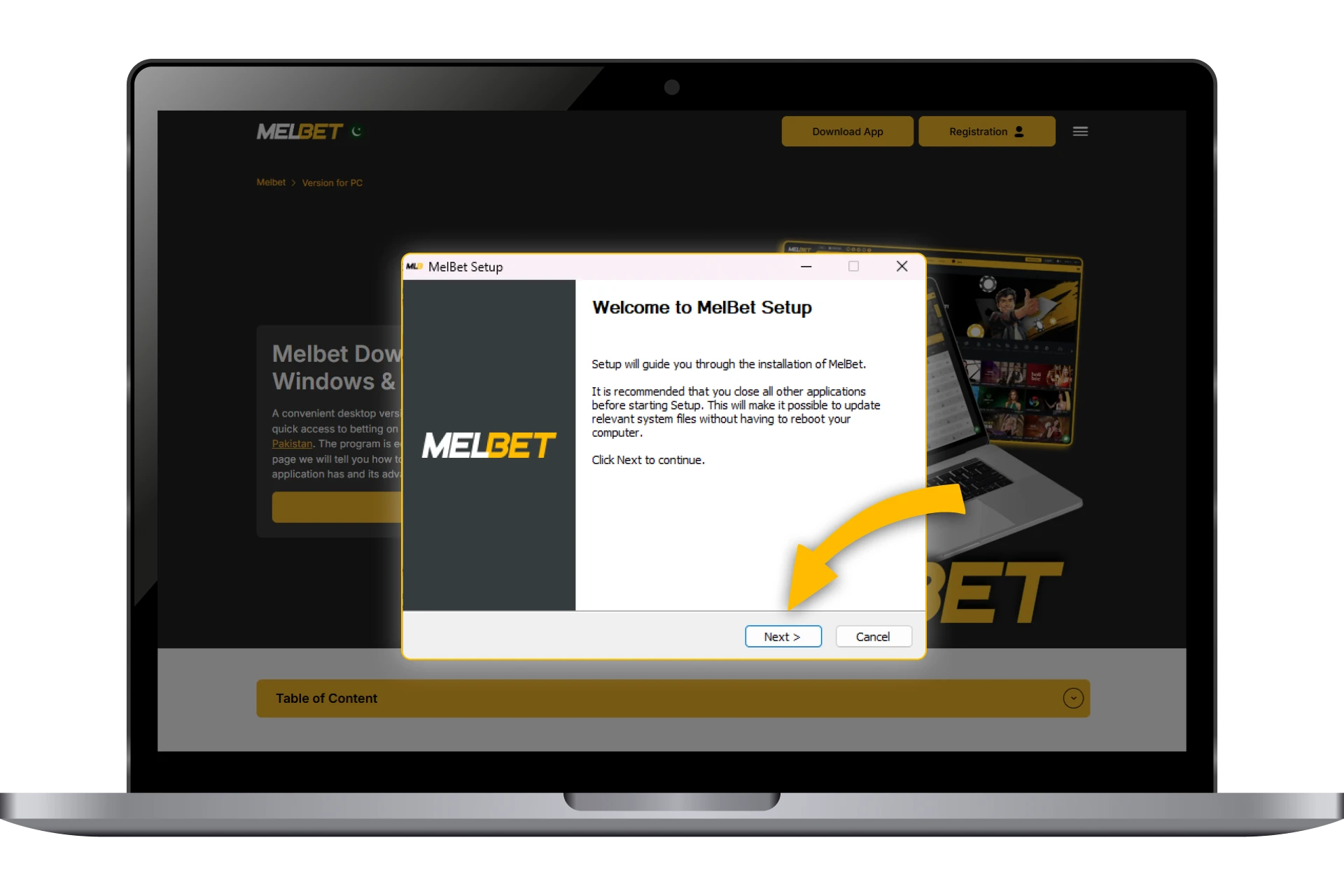 Desktop app setup wizard showing the progress of the Melbet installation.