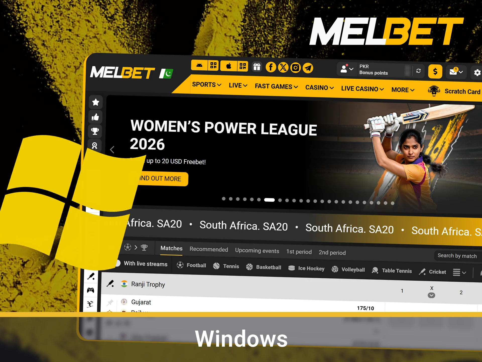 Download the Melbet installer for Windows PC.