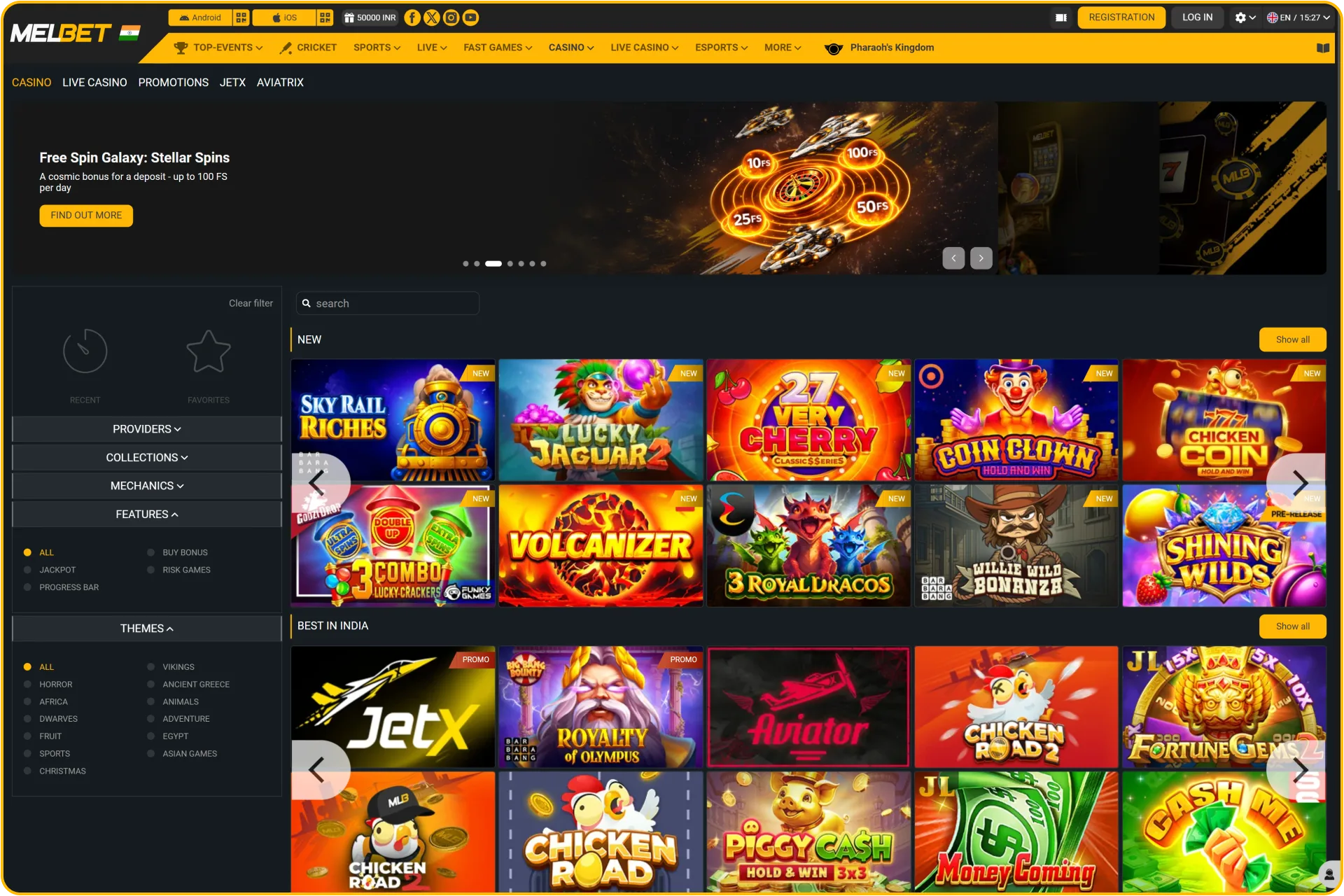 Wide-screen Melbet India casino lobby showcasing high-definition slots and live dealer tables.