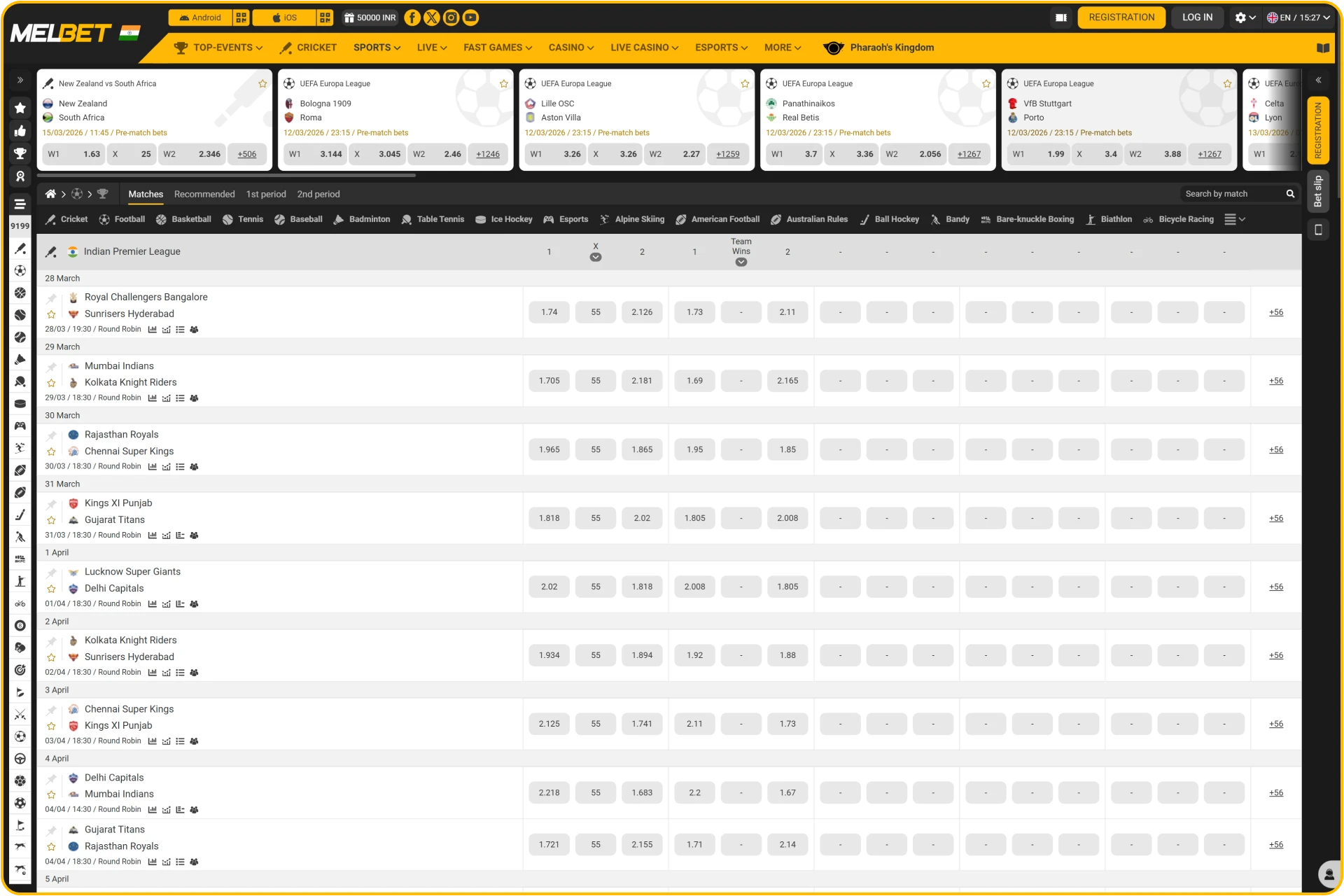 Advanced Melbet India sportsbook layout with multi-live tracking for cricket and football matches.