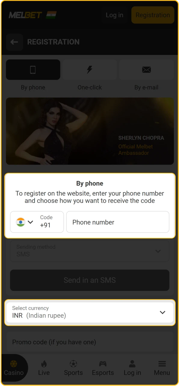 Enter your mobile number and select Indian Rupees as your preferred currency.