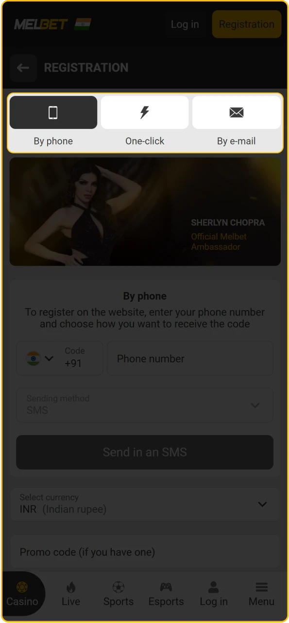 Access the Melbet sign-up page and select the phone registration option.