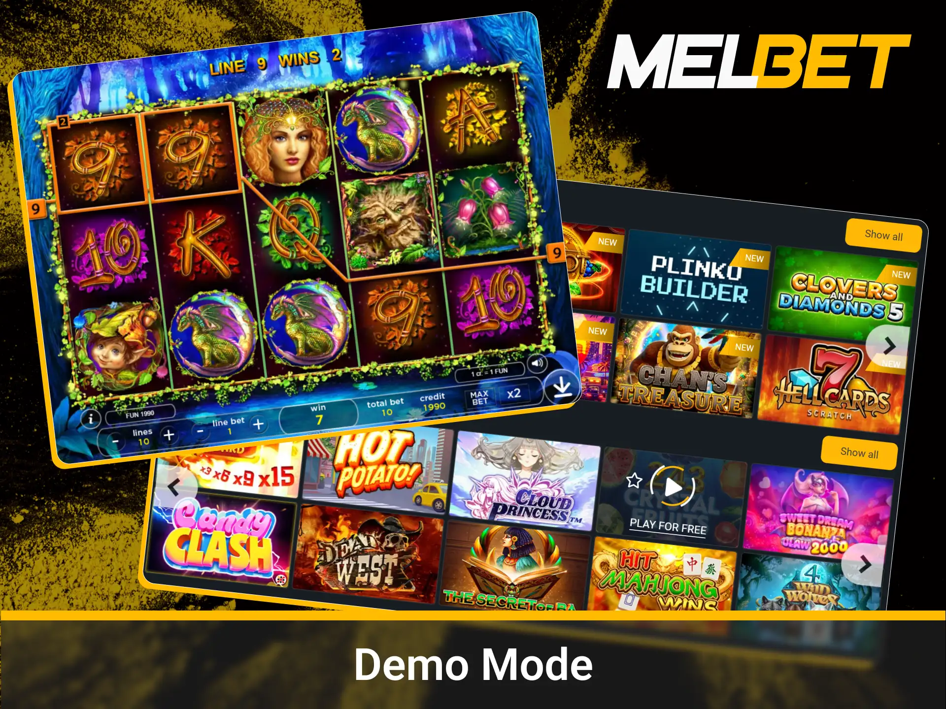 Free play option for Melbet slot games.