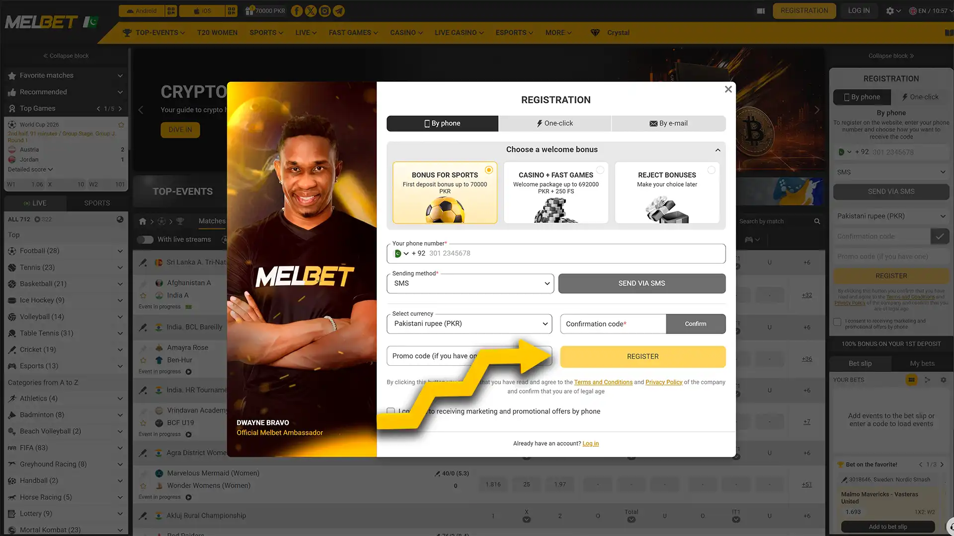 Register your account on the official Melbet website.